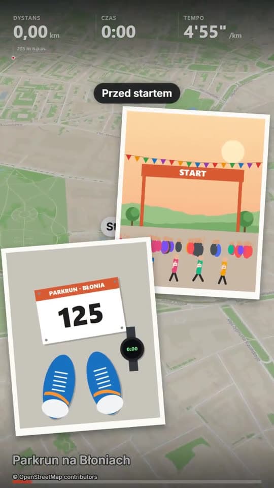 Kadr z filmu: dwa zdjęcia sprzed startu parkrunu ułożone na mapie jako kolaż